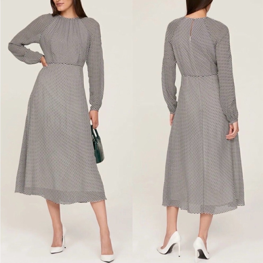 LK Bennett Addison Chiffon Navy and White Geometric Midi Dress, Size 14